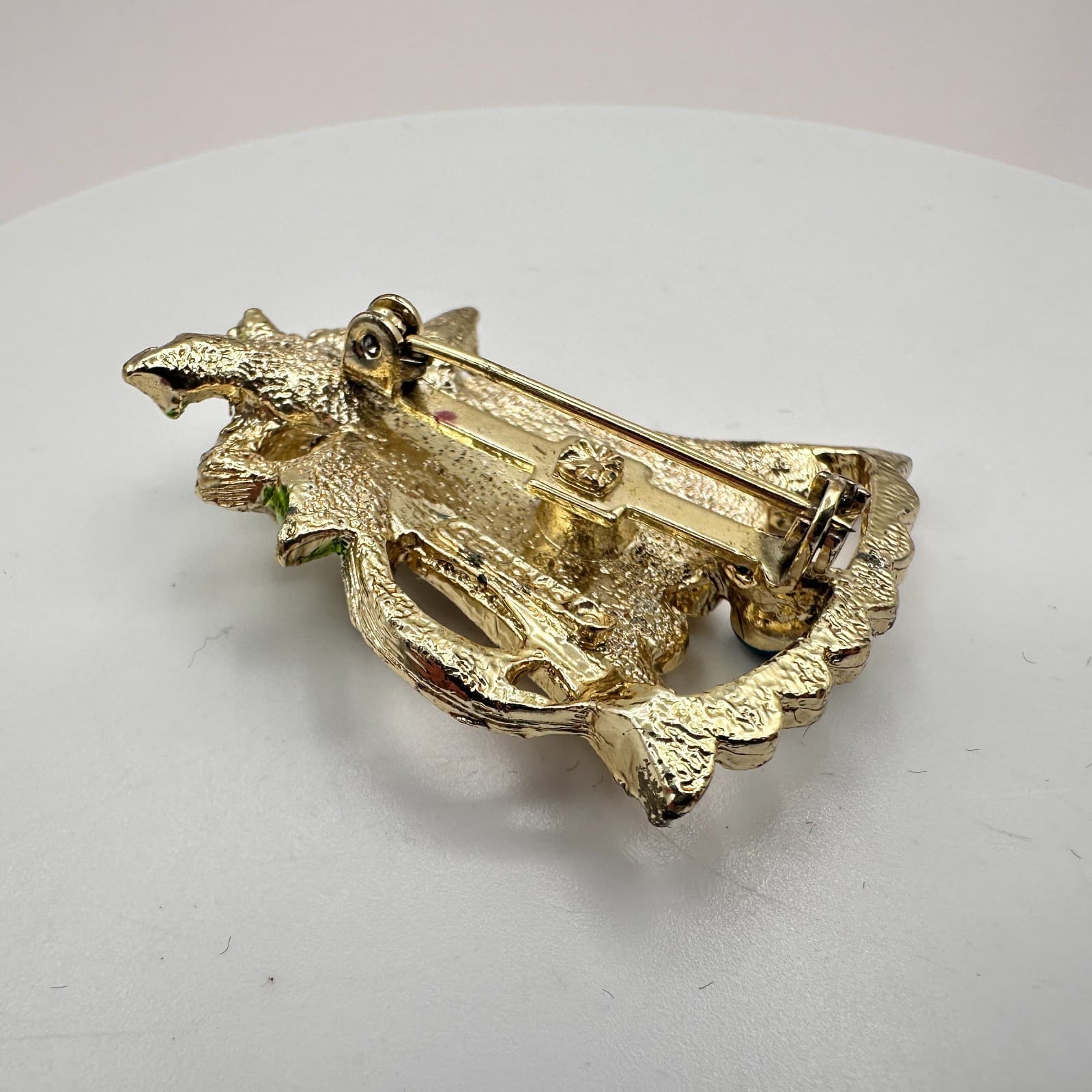 Vintage 80s Gerry’s Christmas Bell Brooch Gold Tone Enamel Holly Beads Pin - Thumbnail 5
