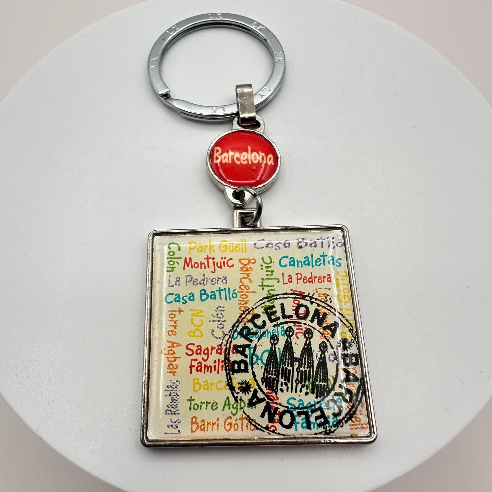 Vintage 70s LK Barcelona Spain Souvenir Silver Tone Square Charm Keychain - Thumbnail 3