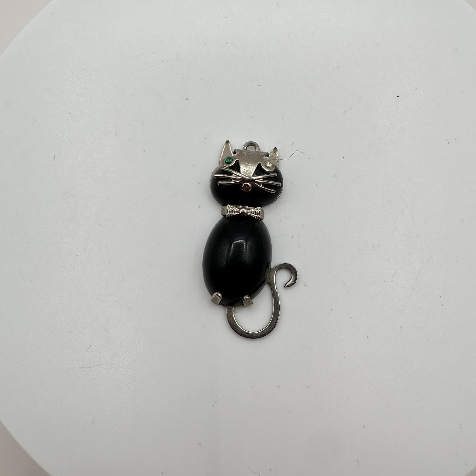 Vintage 80s Silver Tone Black Onyx Bead Cat Green Eye Kitty Necklace Jewelry - Thumbnail 2
