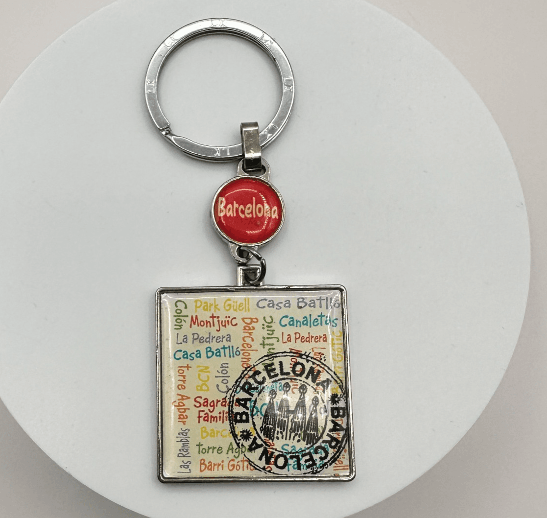 Vintage 70s LK Barcelona Spain Souvenir Silver Tone Square Charm Keychain