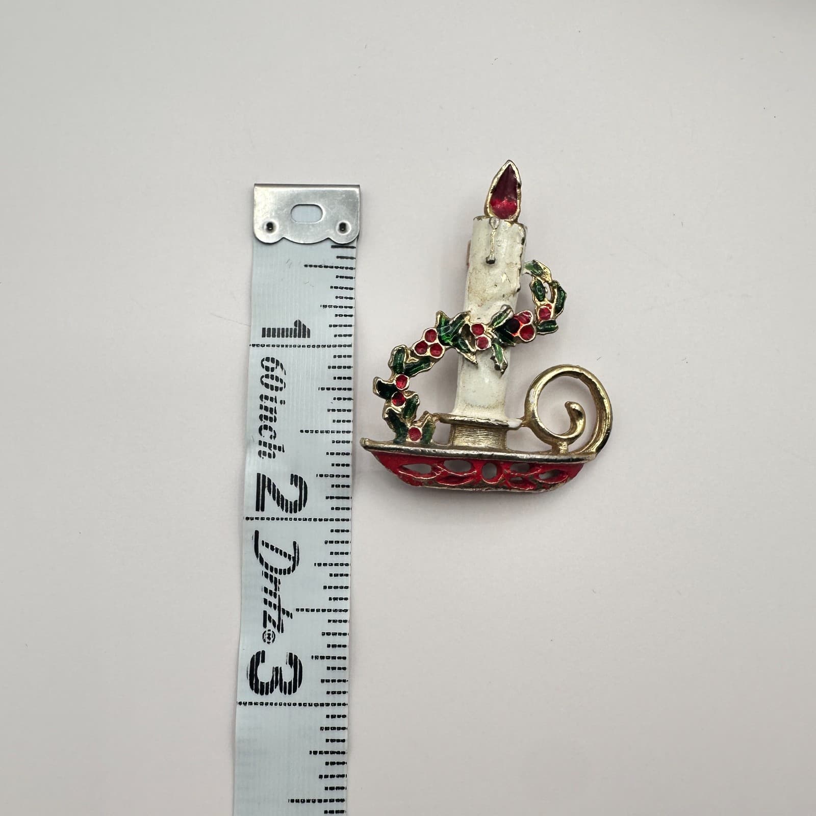 Vintage 90s Christmas Candle Brooch Pin Gold Tone Enamel Women's Classic Jewelry - Thumbnail 6