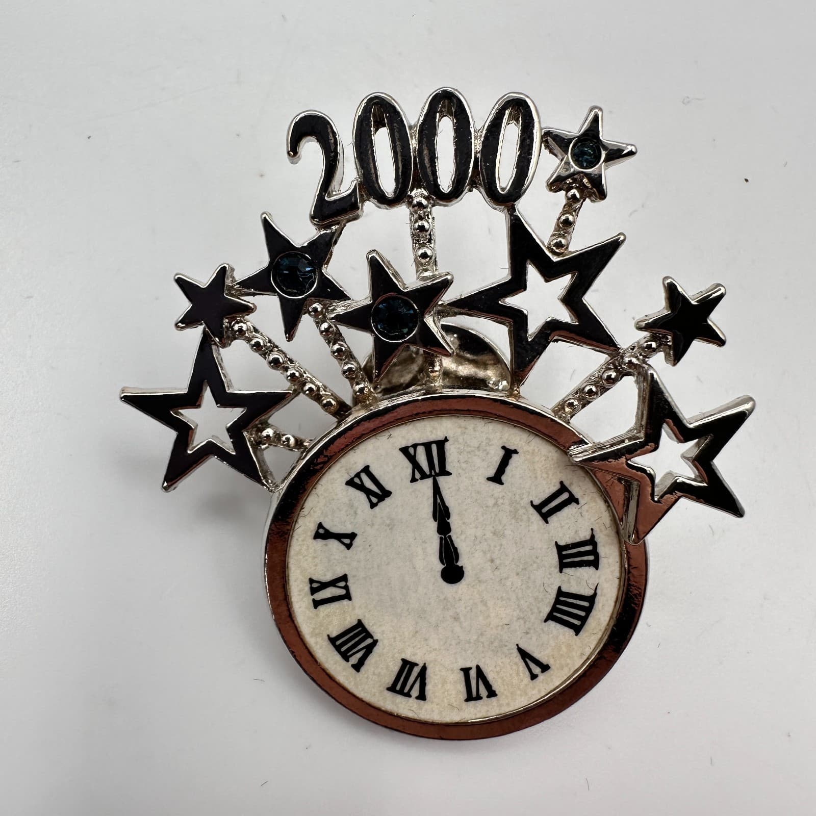 Vintage 90s 2000 Millennium Clock Pin Brooch Silver Tone Shooting Star Jewelry - Thumbnail 3