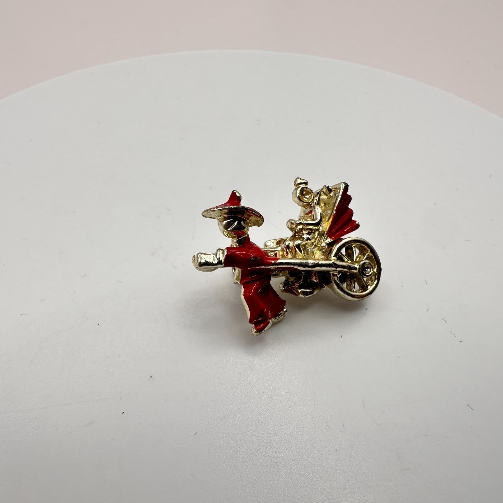 Vintage 90s Gold Tone Red Enamel Rickshaw Brooch Pin Women's Classic Jewelry - Thumbnail 5