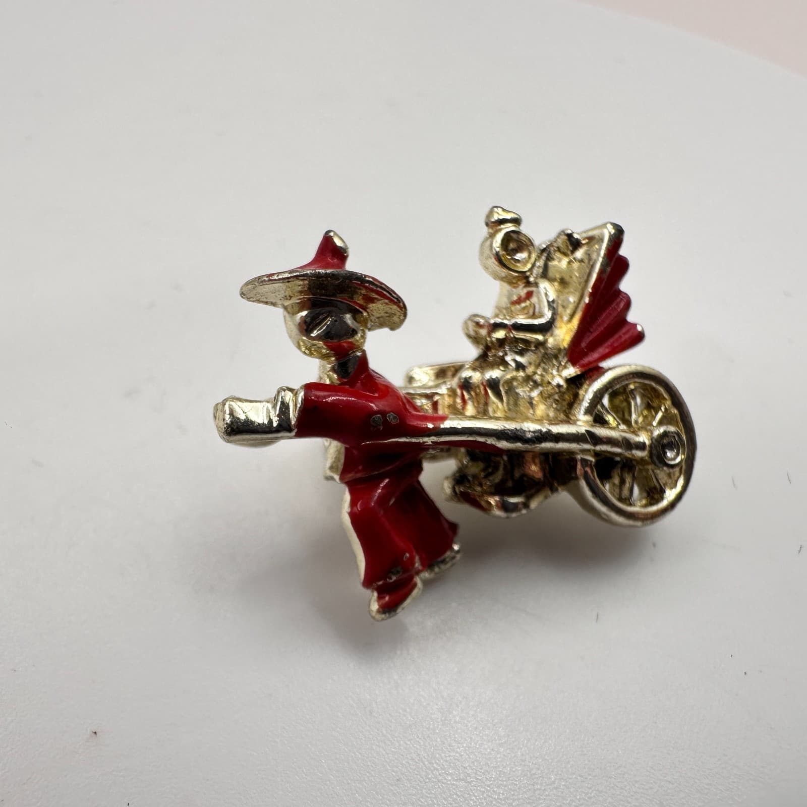 Vintage 90s Gold Tone Red Enamel Rickshaw Brooch Pin Women's Classic Jewelry - Thumbnail 4
