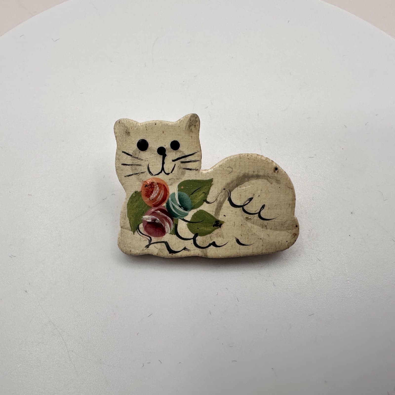 Vintage 90s Floral Hand Painted Folk Art Wooden Cat Brooch Pin Classic Jewelry - Thumbnail 4