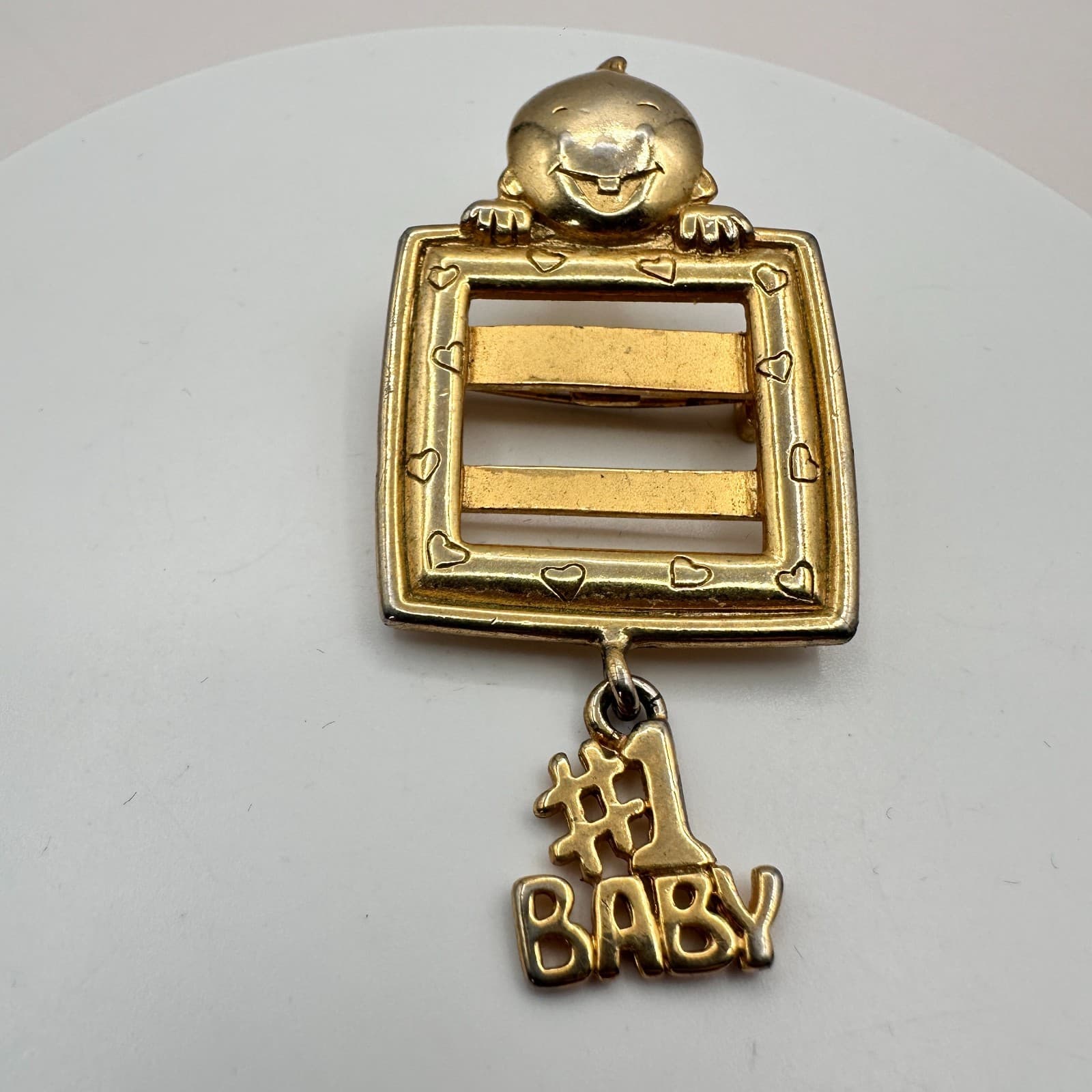 Vintage 90s Gold Tone #1 Baby Picture Frame Brooch Pin Charm Motherhood Jewelry - Thumbnail 4