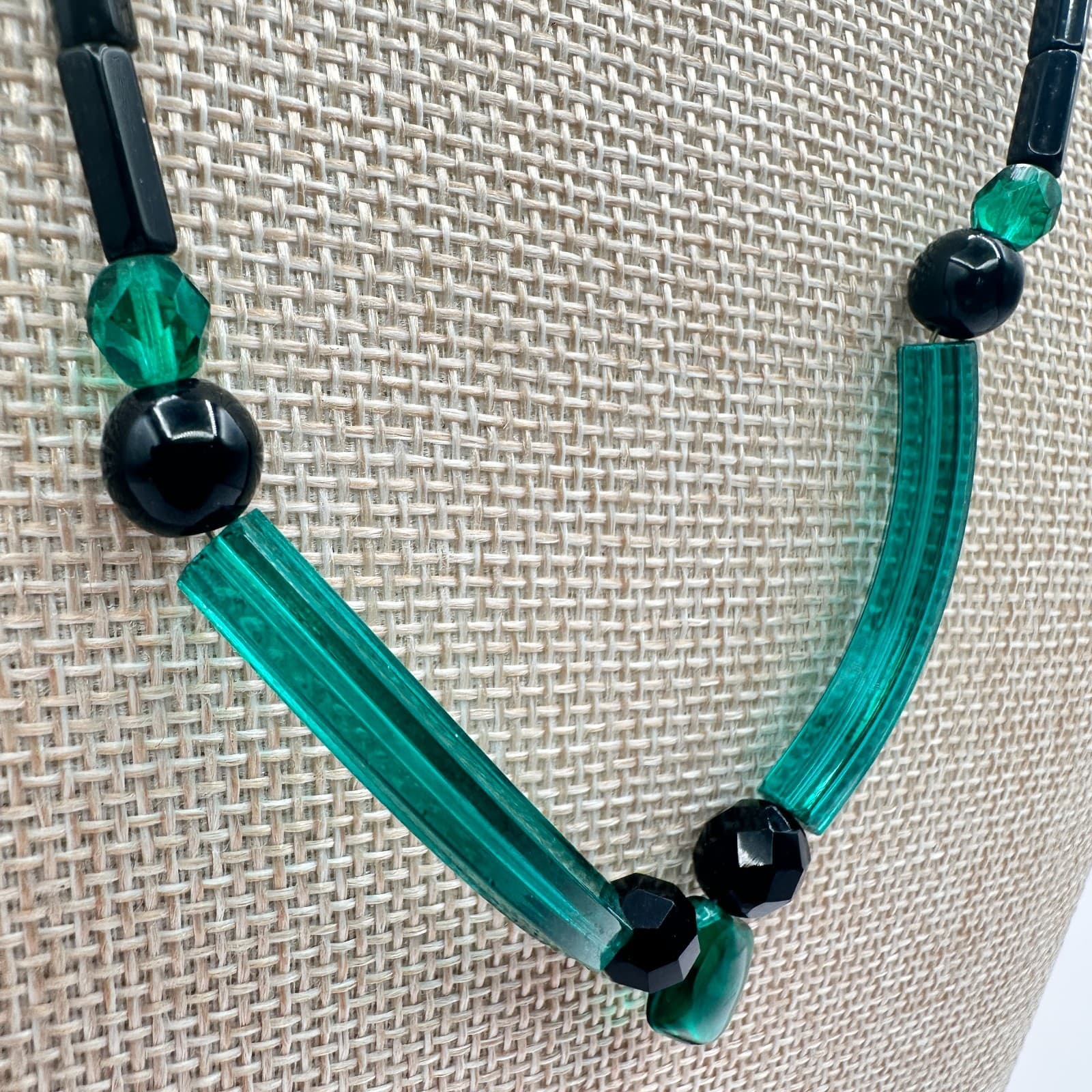 Vintage 80s Glass Bead Necklace Deco Style Geometric Statement Fashion Jewelry - Thumbnail 4