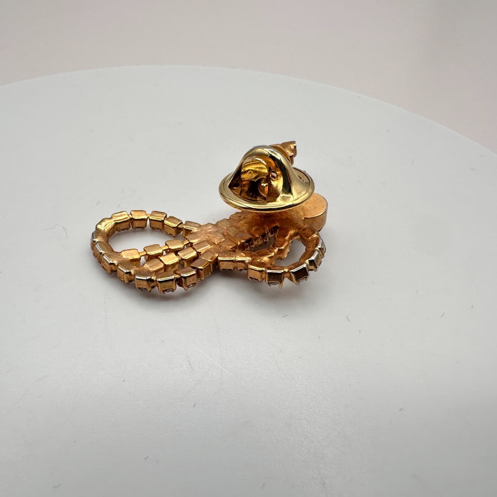 Vintage 80s 90s Gold Tone Angel Playing Trumpet Brooch Pin Clear Glass Jewelry - Thumbnail 6