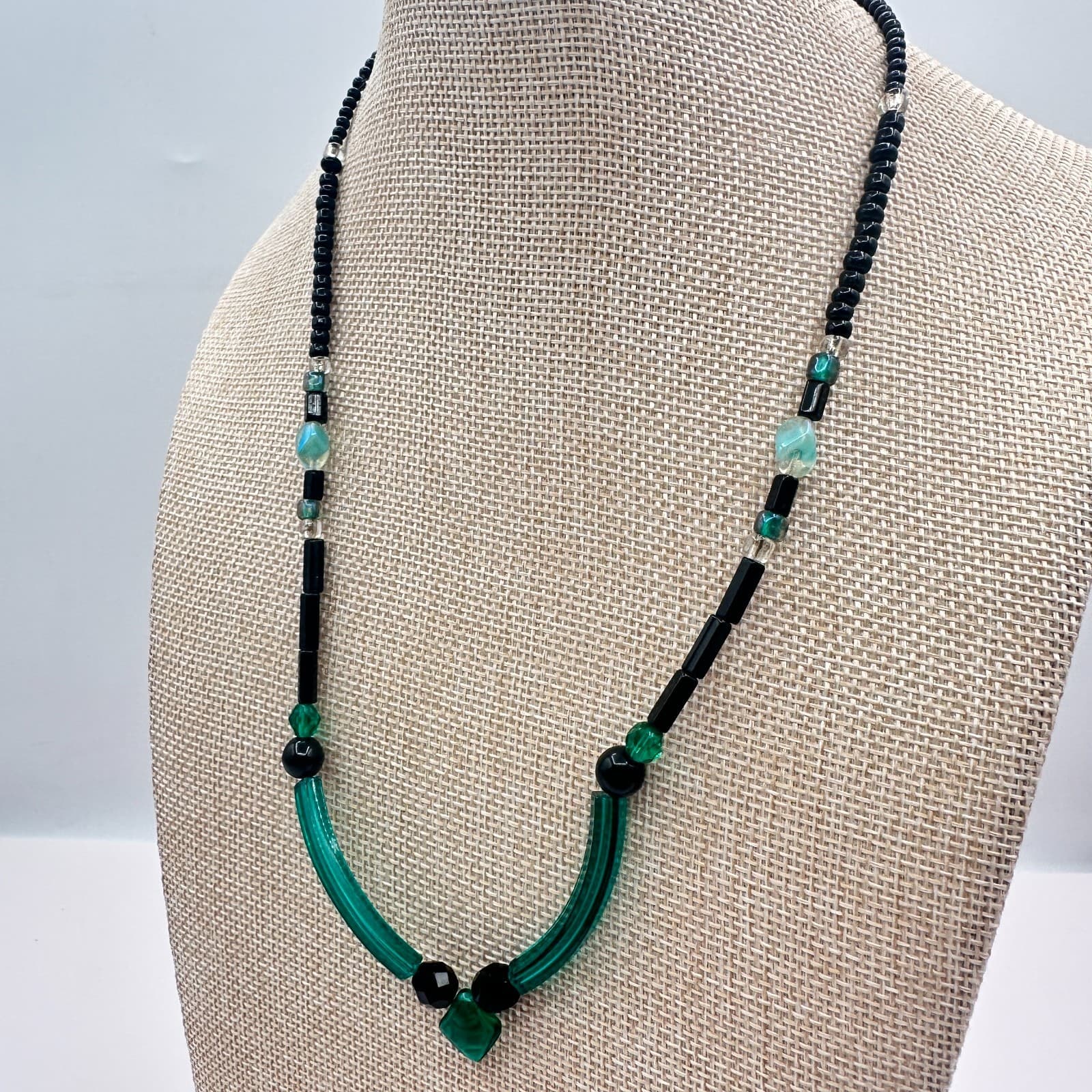 Vintage 80s Glass Bead Necklace Deco Style Geometric Statement Fashion Jewelry - Thumbnail 7