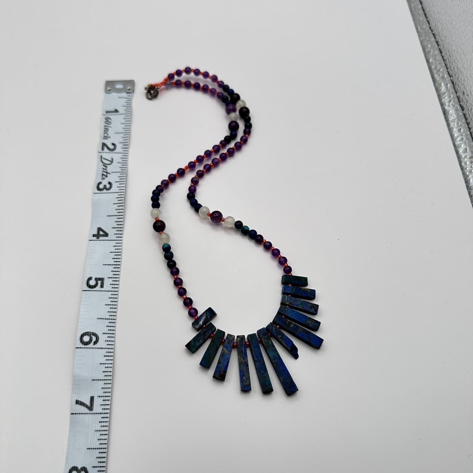 Vintage 90s Blue Glass Stones Bead Statement Fringe Necklace Fashion Jewelry - Thumbnail 9