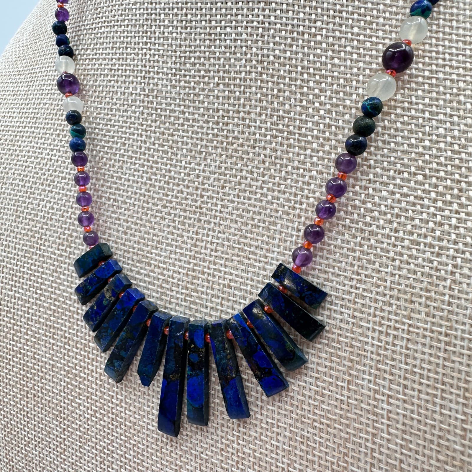 Vintage 90s Blue Glass Stones Bead Statement Fringe Necklace Fashion Jewelry - Thumbnail 5