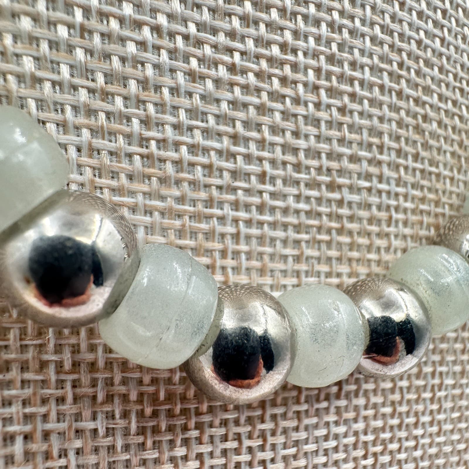 Vintage 90s Silver Tone Sage Green Glass Bead Necklace Choker Minimalist Jewelry - Thumbnail 3