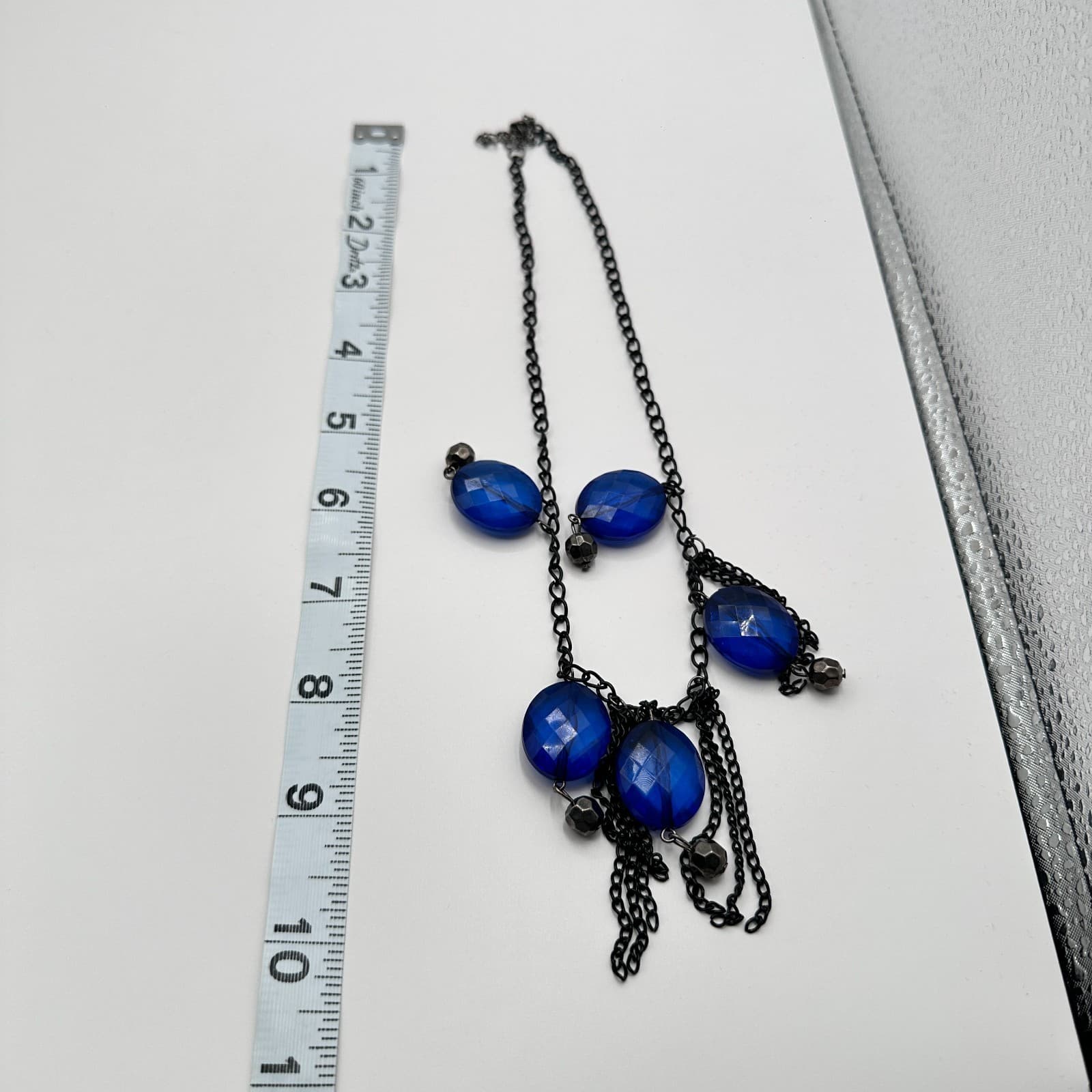 Vintage 90s Cobalt Blue Glass Statement Necklace Black Chain Fringe Boho Jewelry - Thumbnail 9