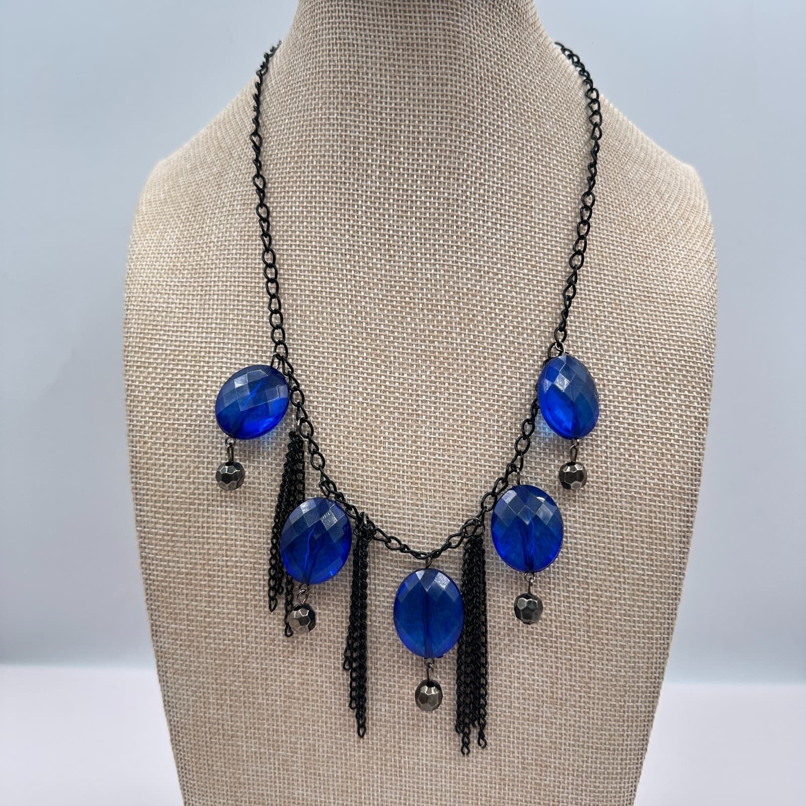 Vintage 90s Cobalt Blue Glass Statement Necklace Black Chain Fringe Boho Jewelry - Thumbnail 2