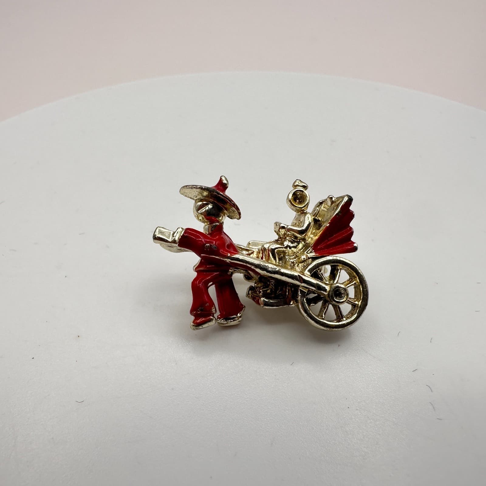 Vintage 90s Gold Tone Red Enamel Rickshaw Brooch Pin Women's Classic Jewelry - Thumbnail 2