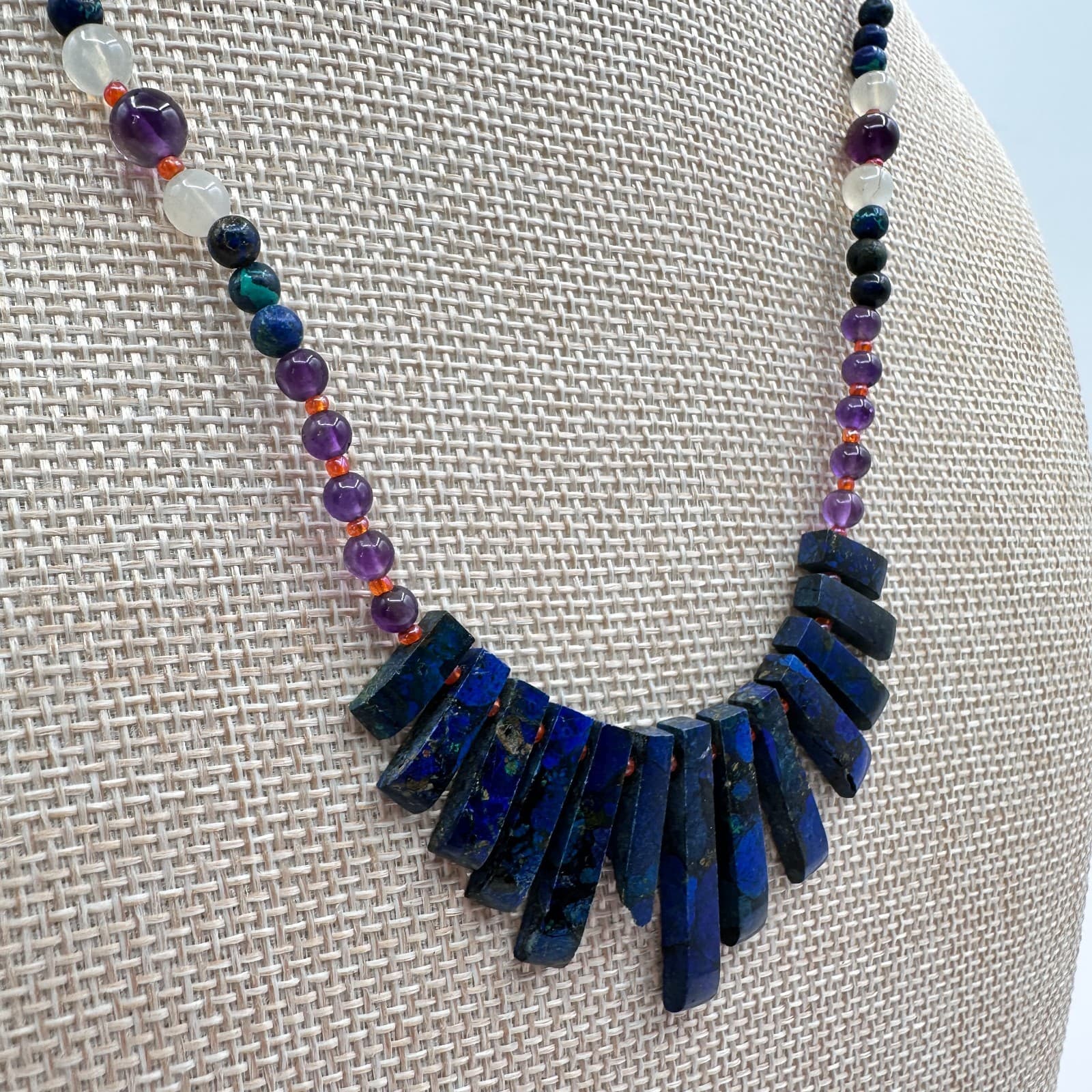 Vintage 90s Blue Glass Stones Bead Statement Fringe Necklace Fashion Jewelry - Thumbnail 4