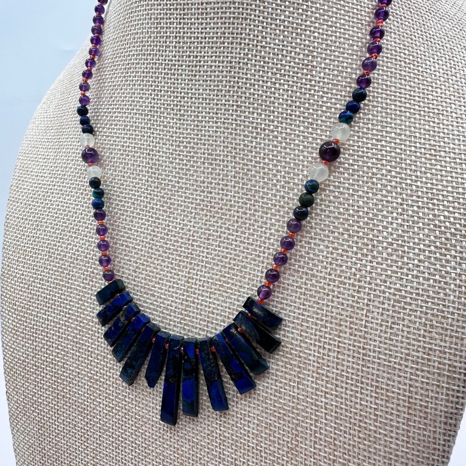 Vintage 90s Blue Glass Stones Bead Statement Fringe Necklace Fashion Jewelry - Thumbnail 6