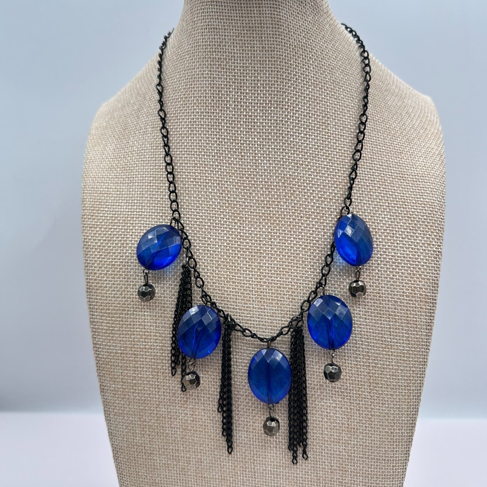 Vintage 90s Cobalt Blue Glass Statement Necklace Black Chain Fringe Boho Jewelry - Thumbnail 7