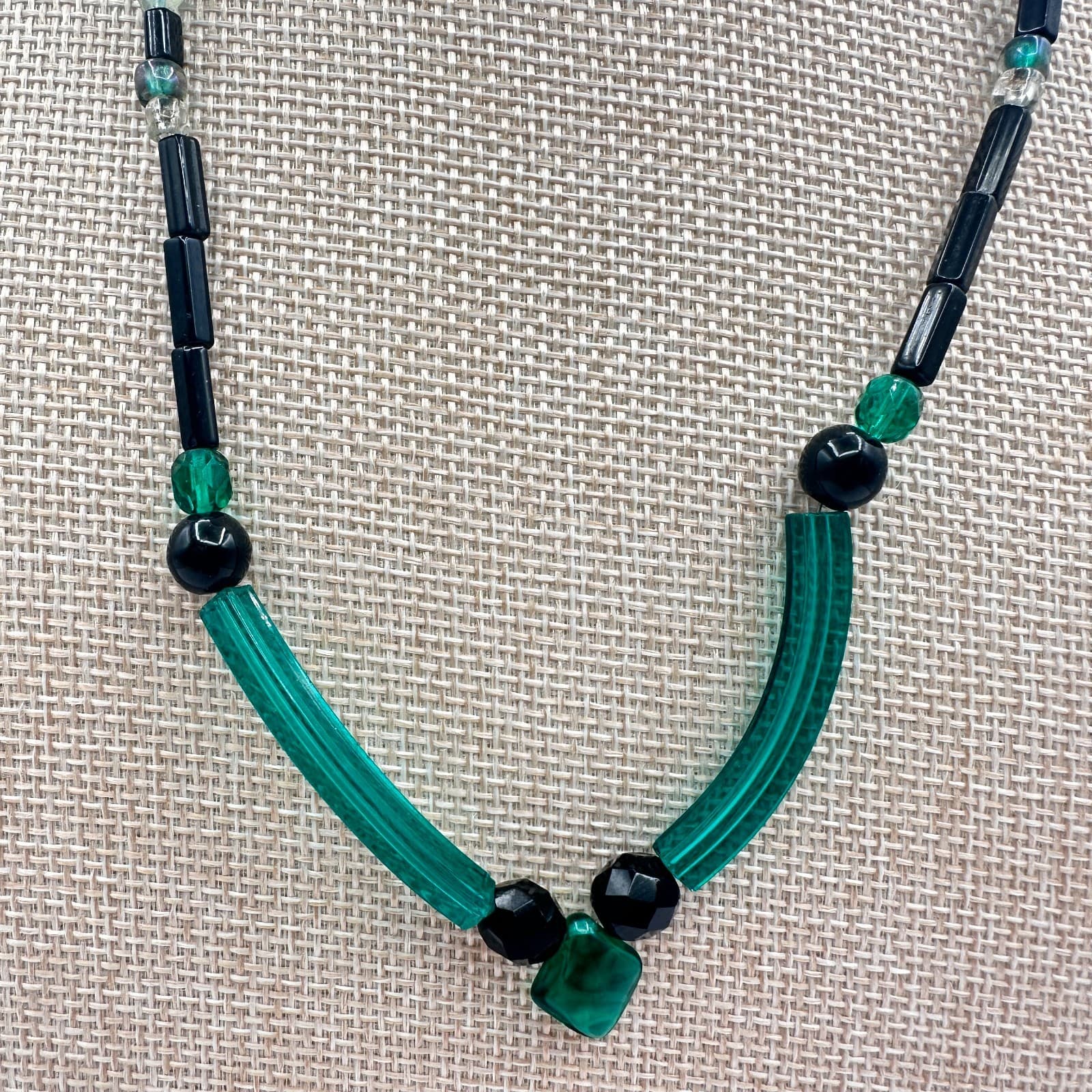 Vintage 80s Glass Bead Necklace Deco Style Geometric Statement Fashion Jewelry - Thumbnail 3