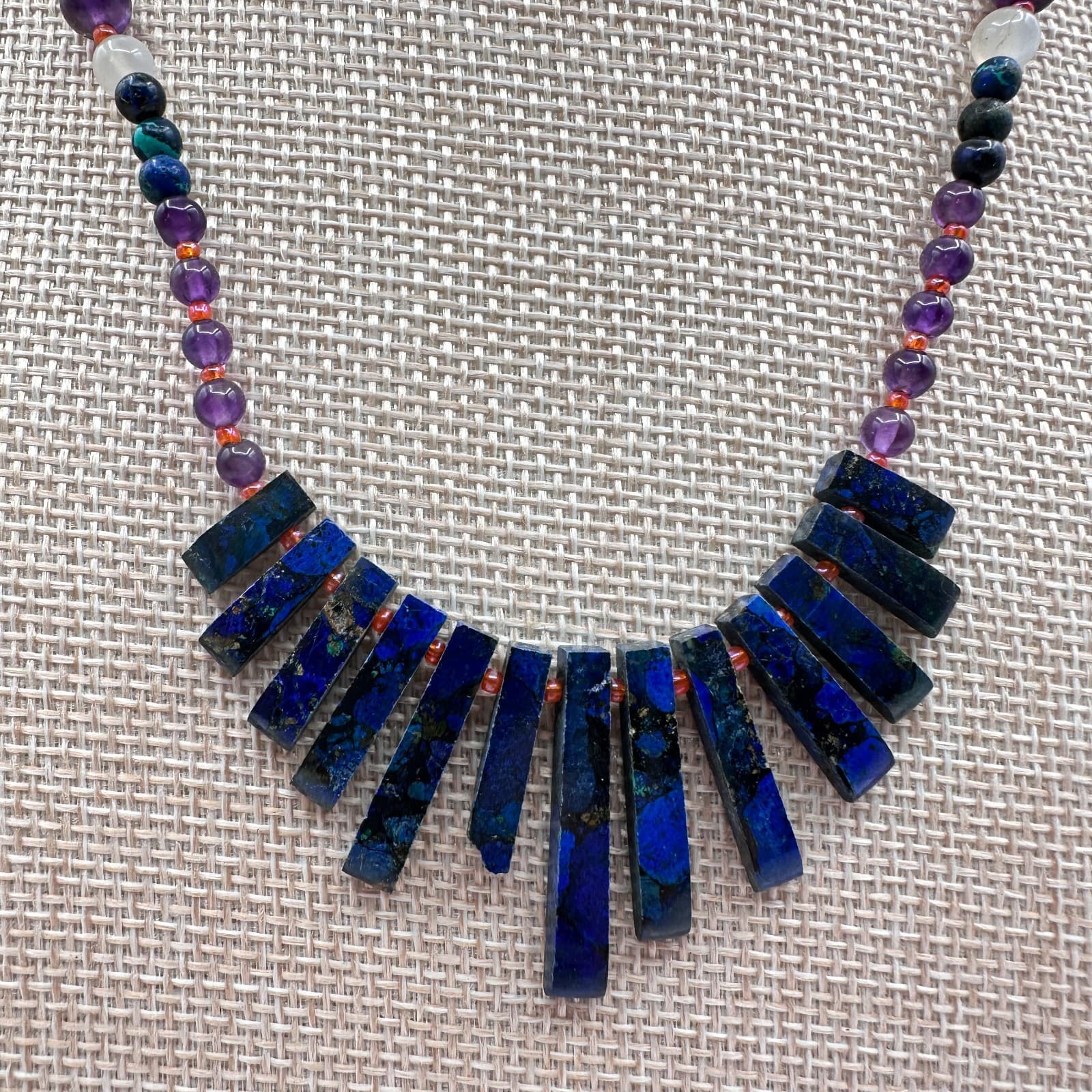 Vintage 90s Blue Glass Stones Bead Statement Fringe Necklace Fashion Jewelry - Thumbnail 2