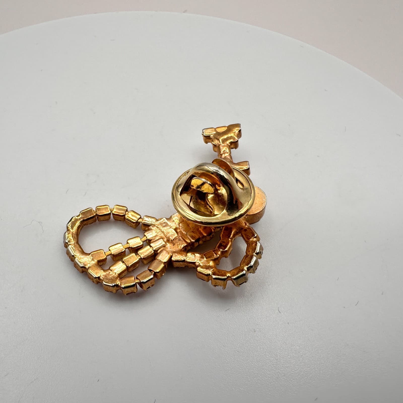 Vintage 80s 90s Gold Tone Angel Playing Trumpet Brooch Pin Clear Glass Jewelry - Thumbnail 7