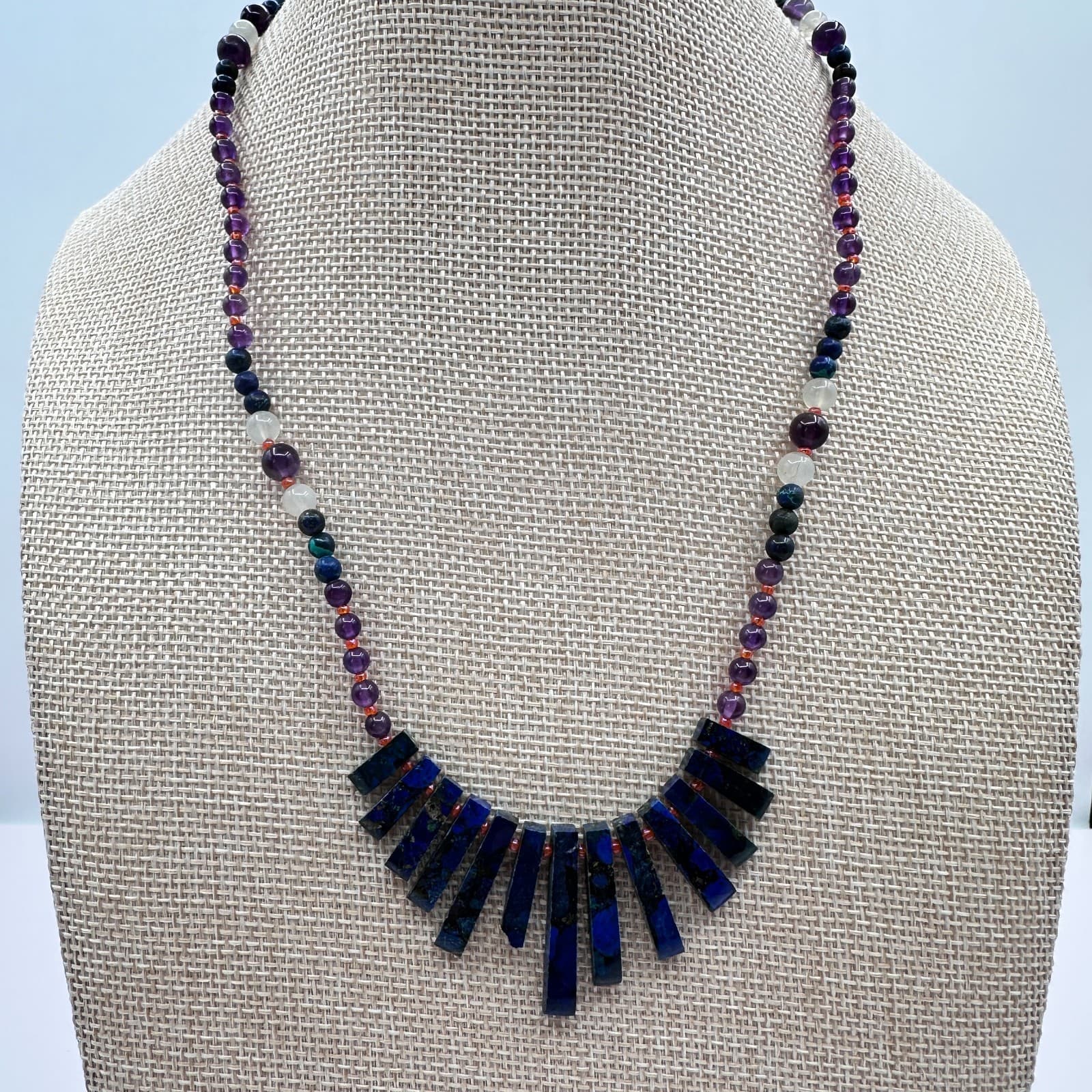 Vintage 90s Blue Glass Stones Bead Statement Fringe Necklace Fashion Jewelry - Thumbnail 7