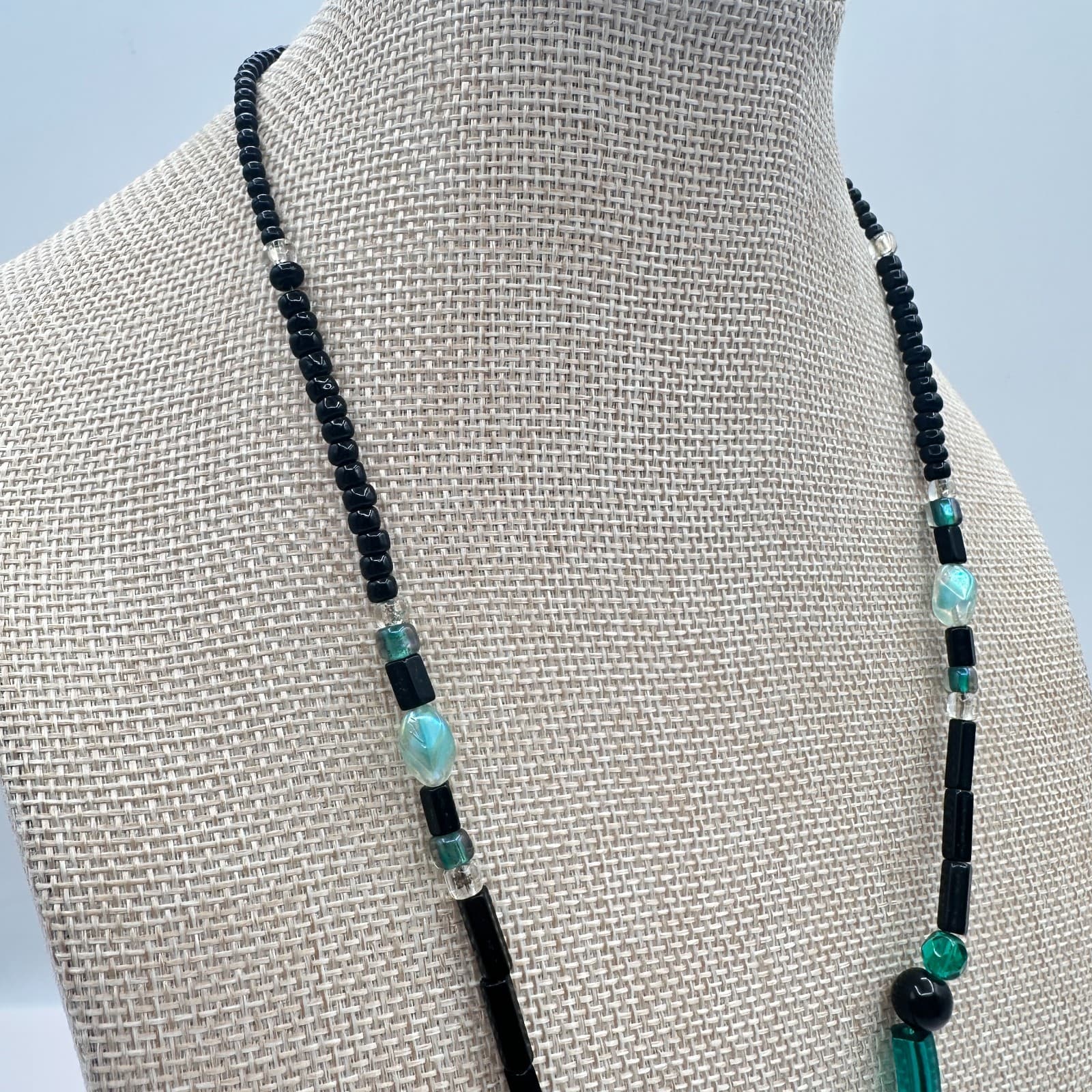 Vintage 80s Glass Bead Necklace Deco Style Geometric Statement Fashion Jewelry - Thumbnail 6