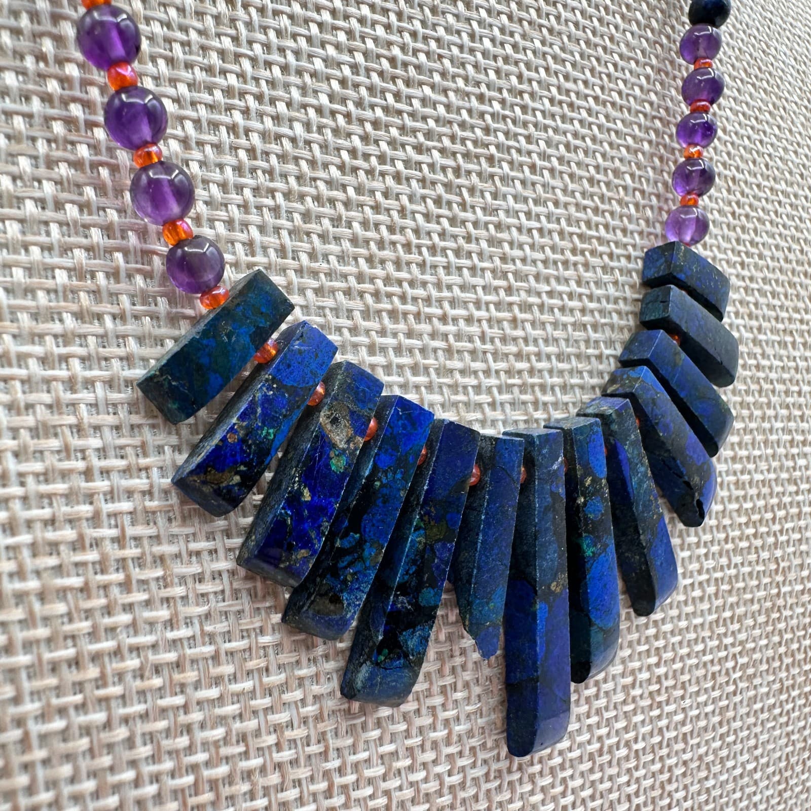 Vintage 90s Blue Glass Stones Bead Statement Fringe Necklace Fashion Jewelry - Thumbnail 3