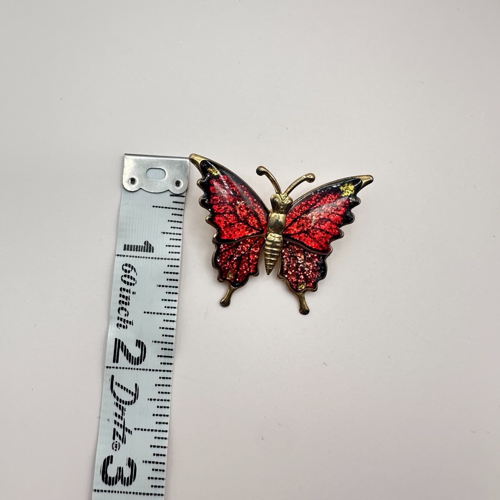 Vintage 80s 90s Red Enamel Glitter Butterfly Brooch Gold Tone Animal Nature Pins - Thumbnail 7