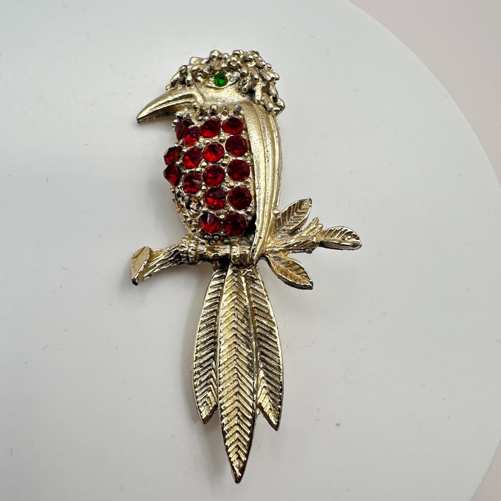 Vintage 90s Gold Tone Woodpecker Red Rhinestone Green Eye Brooch Pin Jewelry - Thumbnail 4