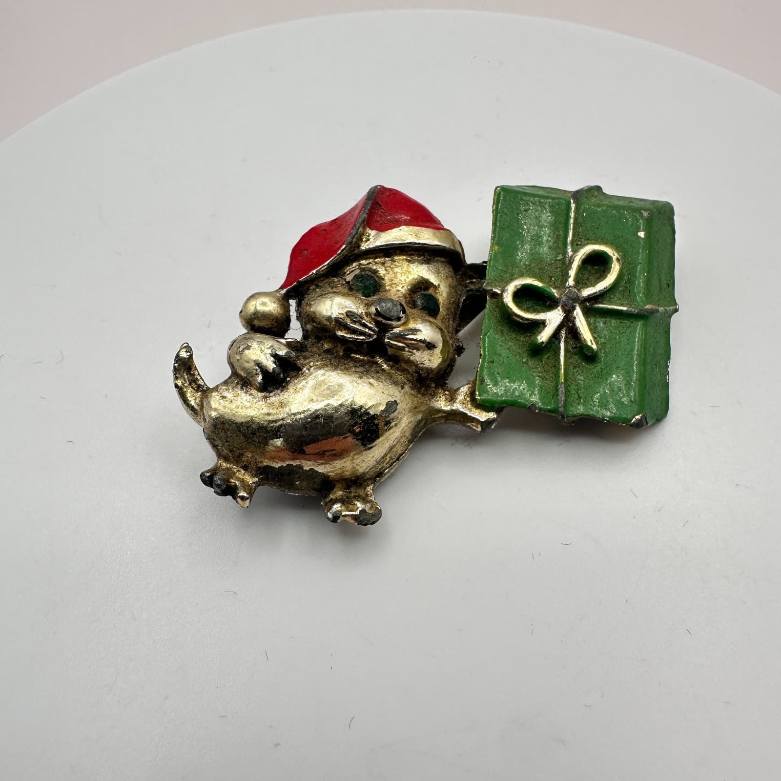 Vintage 90s Gold Tone Christmas Mouse Brooch Pin Green Present Santa Hat Jewelry - Thumbnail 4