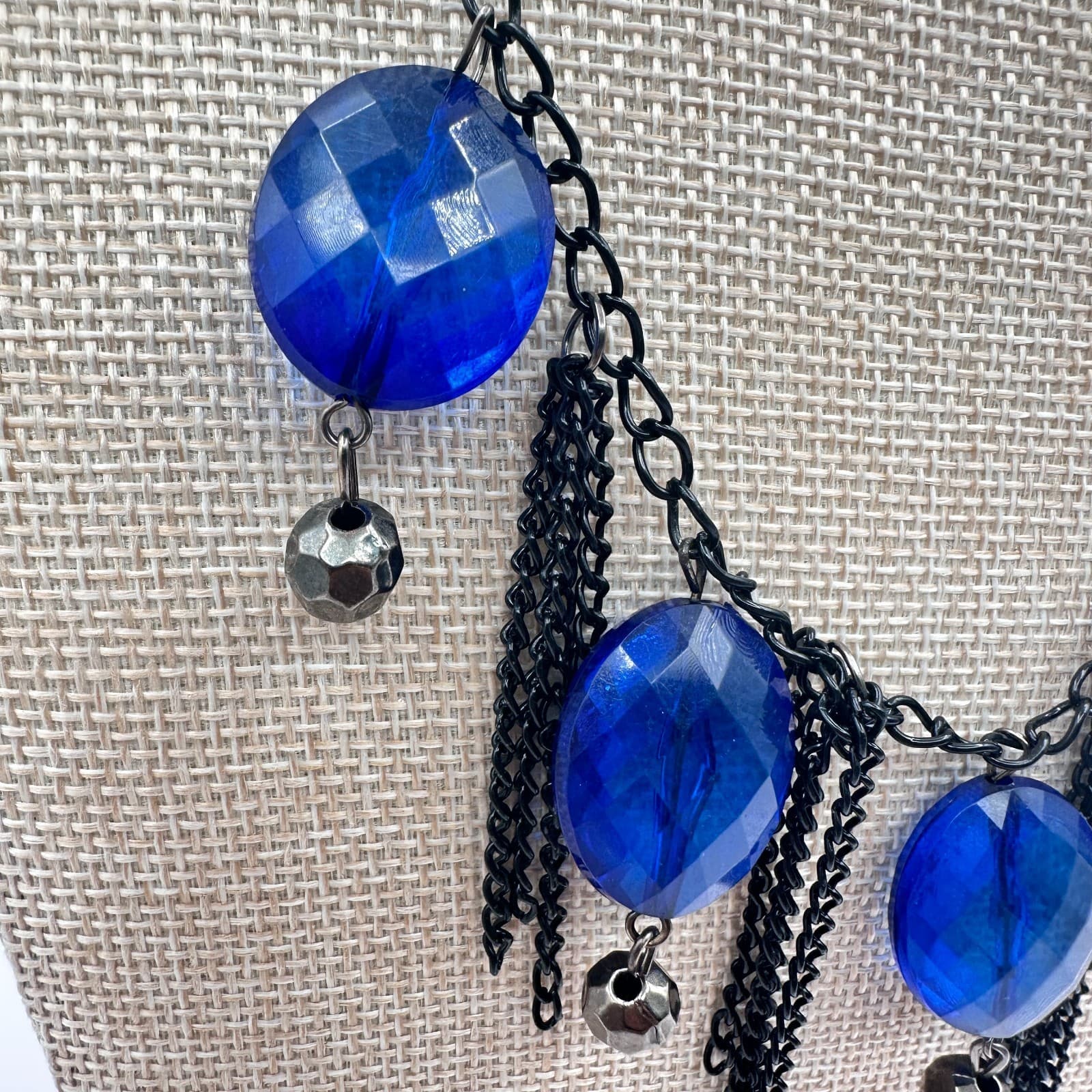 Vintage 90s Cobalt Blue Glass Statement Necklace Black Chain Fringe Boho Jewelry - Thumbnail 4