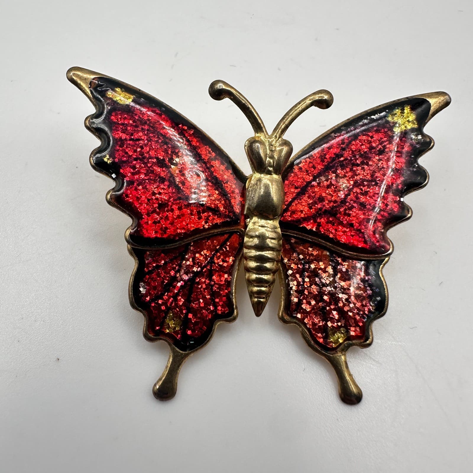 Vintage 80s 90s Red Enamel Glitter Butterfly Brooch Gold Tone Animal Nature Pins - Thumbnail 3