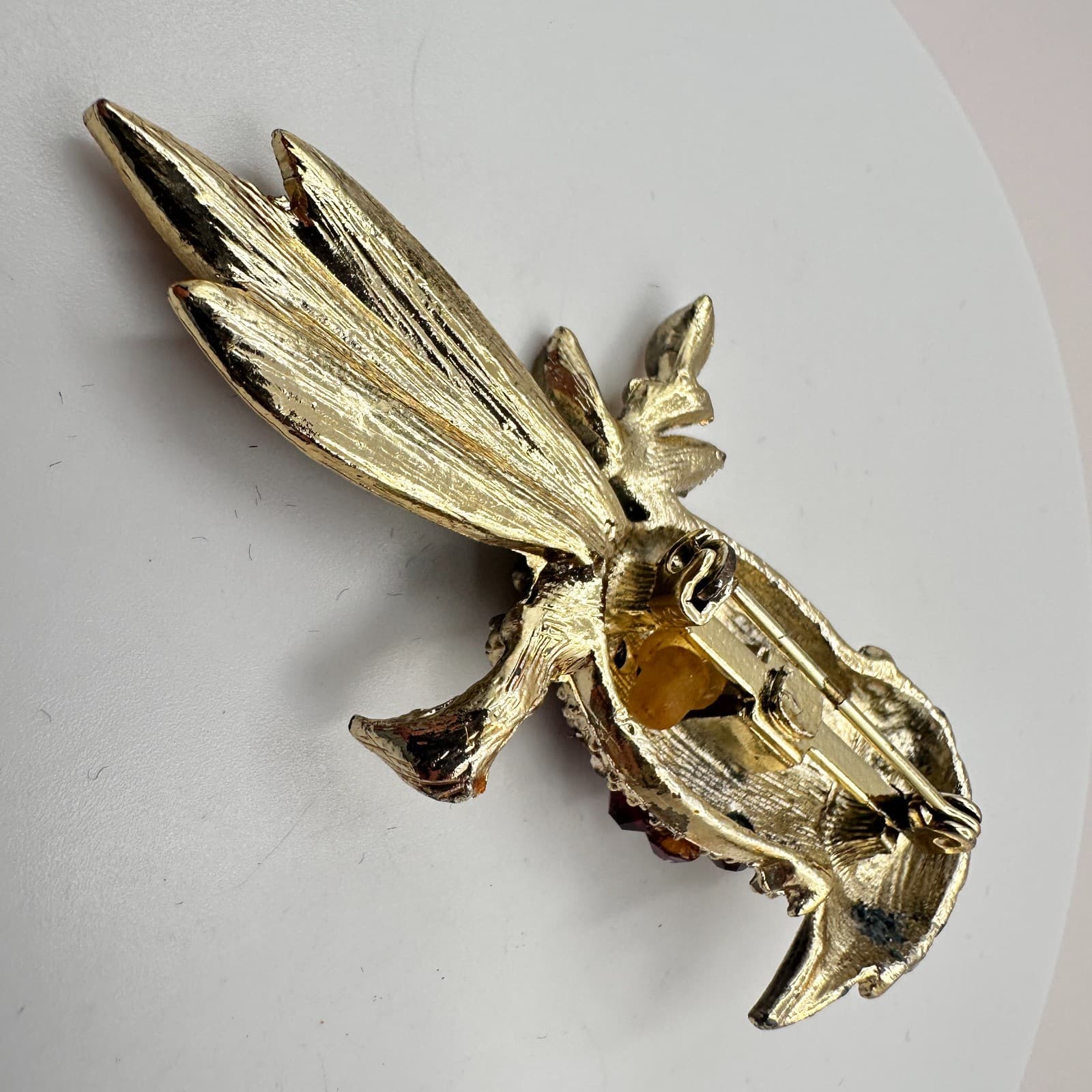 Vintage 90s Gold Tone Woodpecker Red Rhinestone Green Eye Brooch Pin Jewelry - Thumbnail 5
