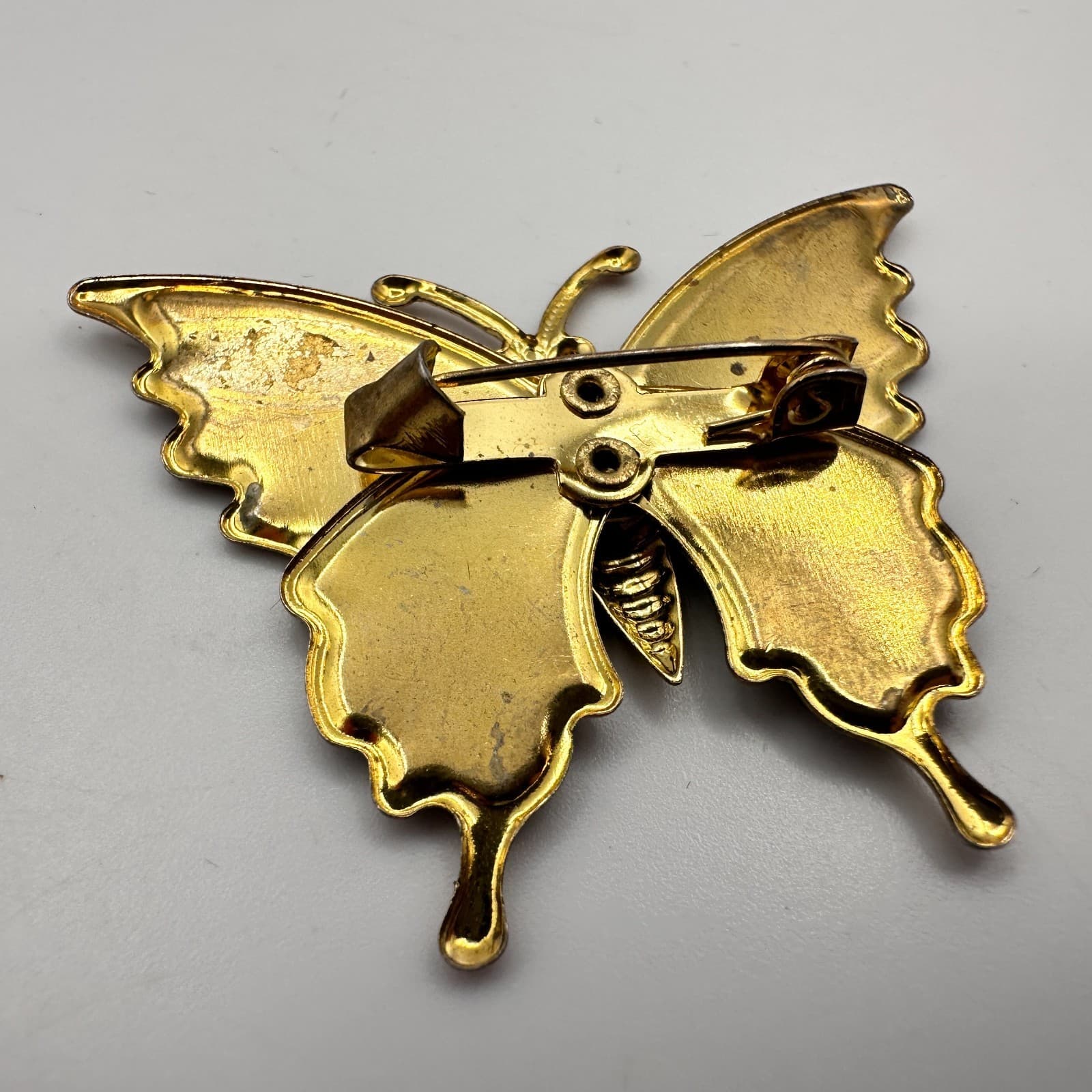 Vintage 80s 90s Red Enamel Glitter Butterfly Brooch Gold Tone Animal Nature Pins - Thumbnail 6