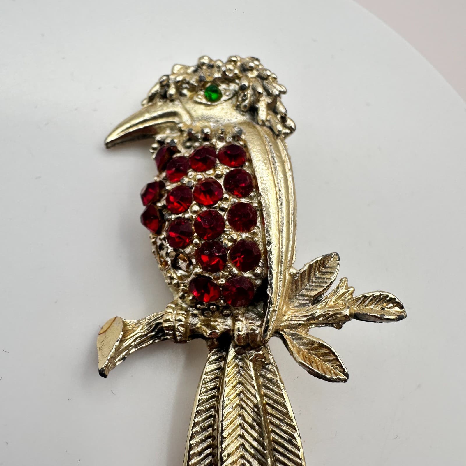 Vintage 90s Gold Tone Woodpecker Red Rhinestone Green Eye Brooch Pin Jewelry - Thumbnail 3