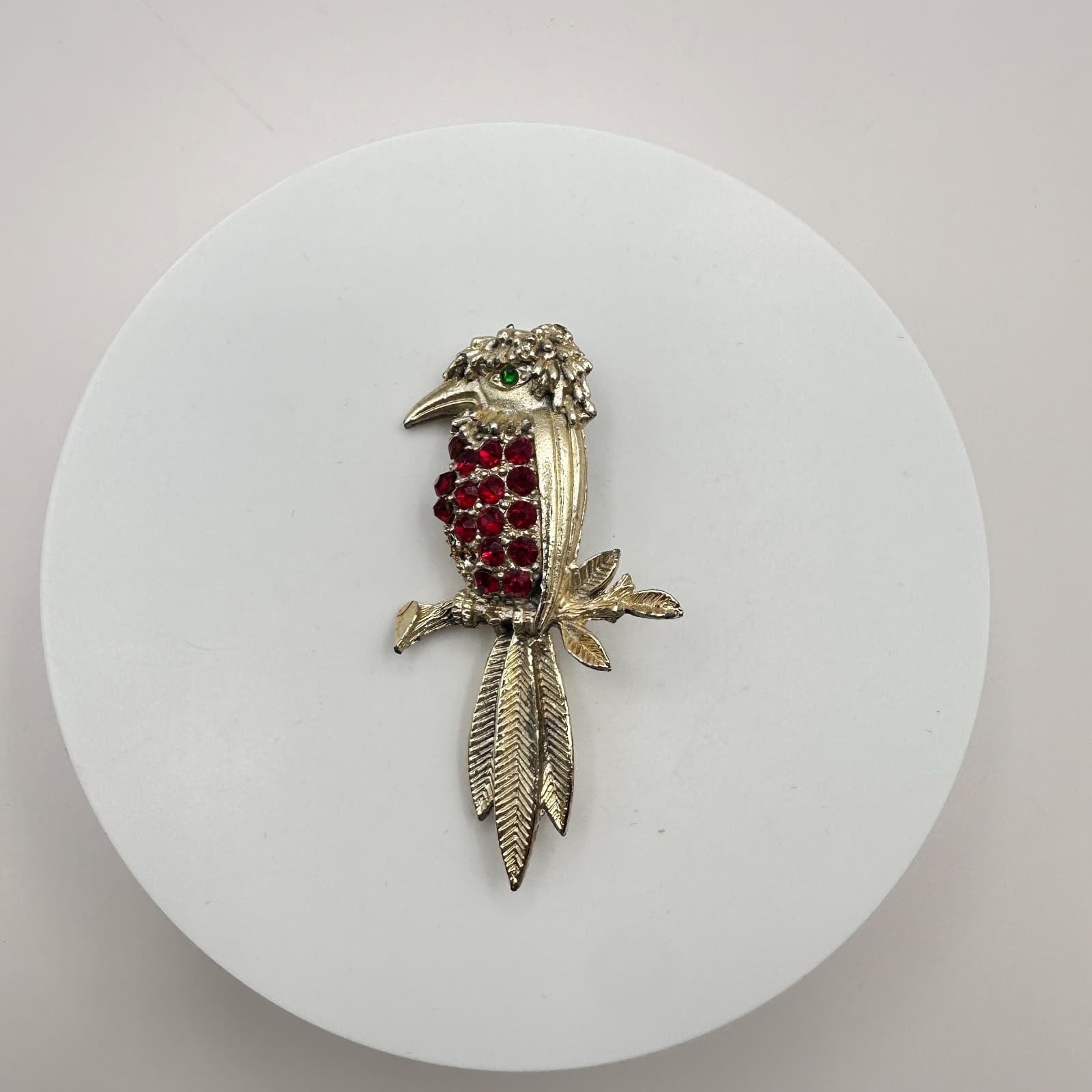 Vintage 90s Gold Tone Woodpecker Red Rhinestone Green Eye Brooch Pin Jewelry - Thumbnail 2