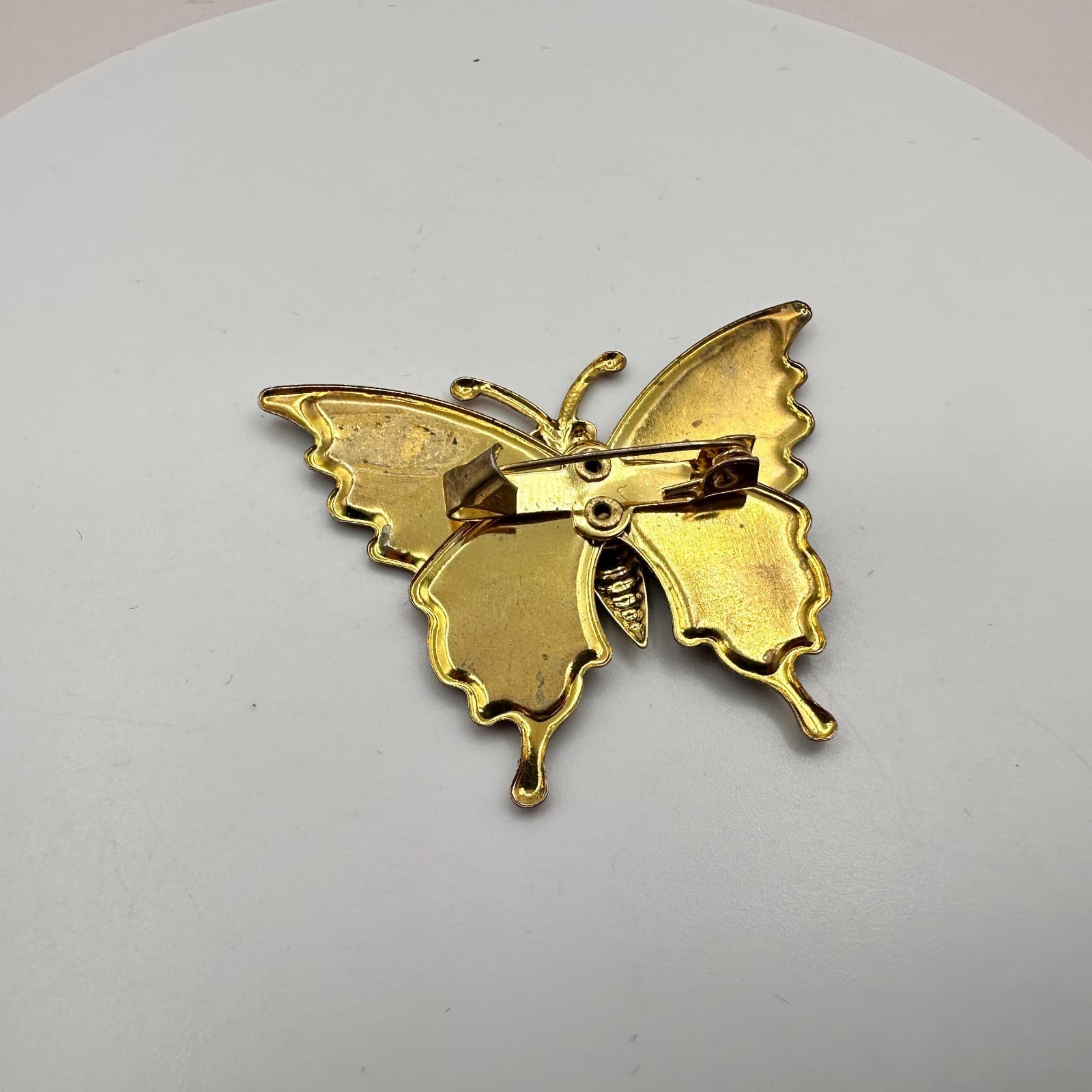 Vintage 80s 90s Red Enamel Glitter Butterfly Brooch Gold Tone Animal Nature Pins - Thumbnail 5