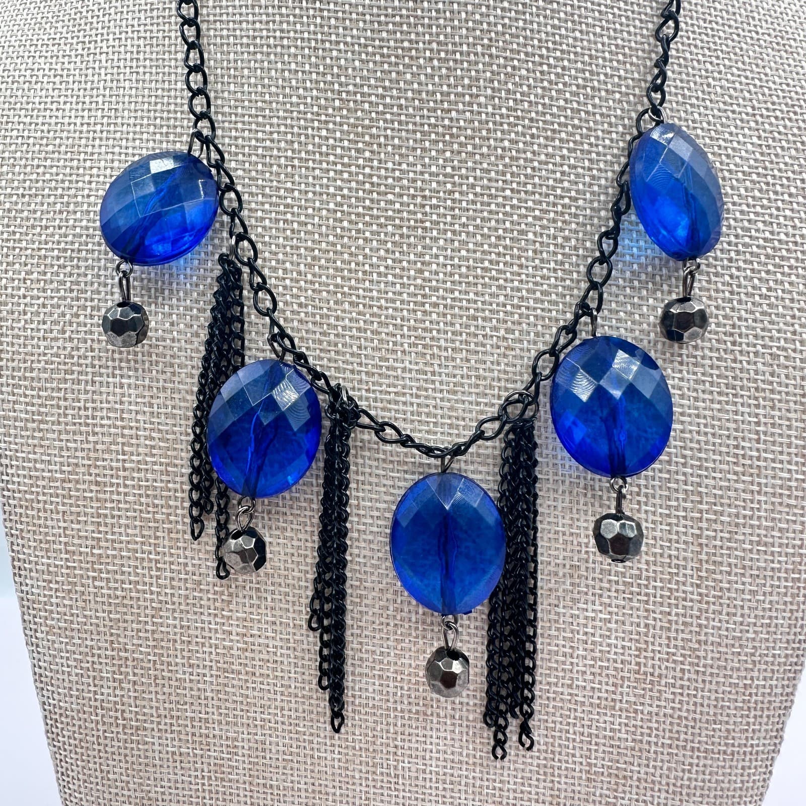Vintage 90s Cobalt Blue Glass Statement Necklace Black Chain Fringe Boho Jewelry - Thumbnail 3