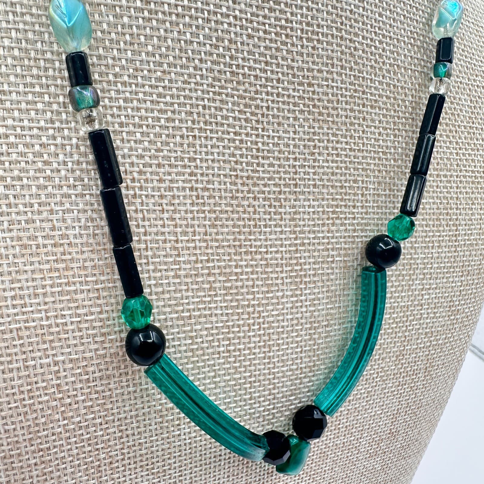Vintage 80s Glass Bead Necklace Deco Style Geometric Statement Fashion Jewelry - Thumbnail 5