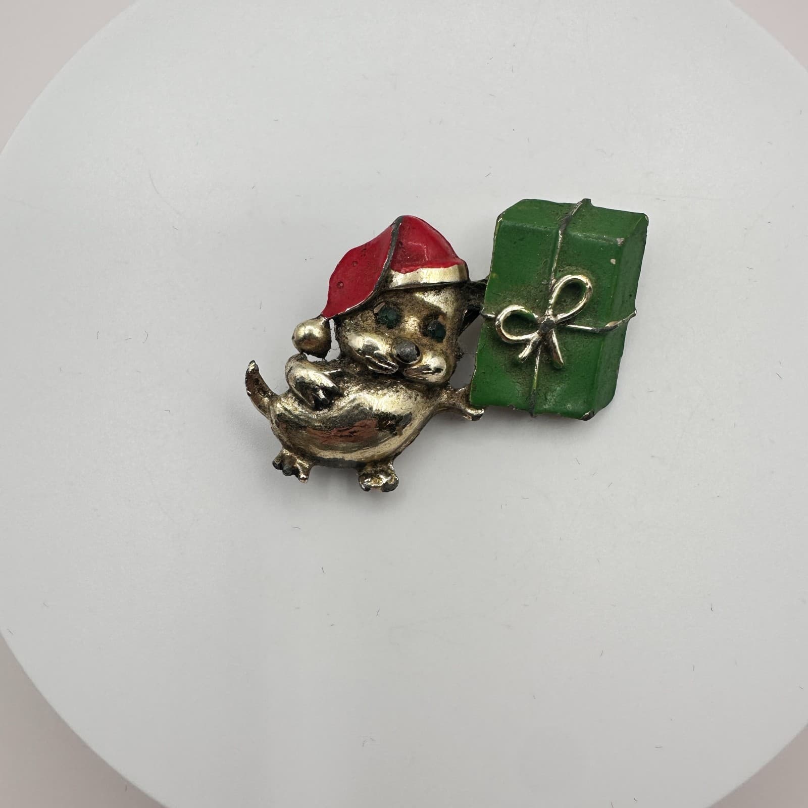 Vintage 90s Gold Tone Christmas Mouse Brooch Pin Green Present Santa Hat Jewelry - Thumbnail 3