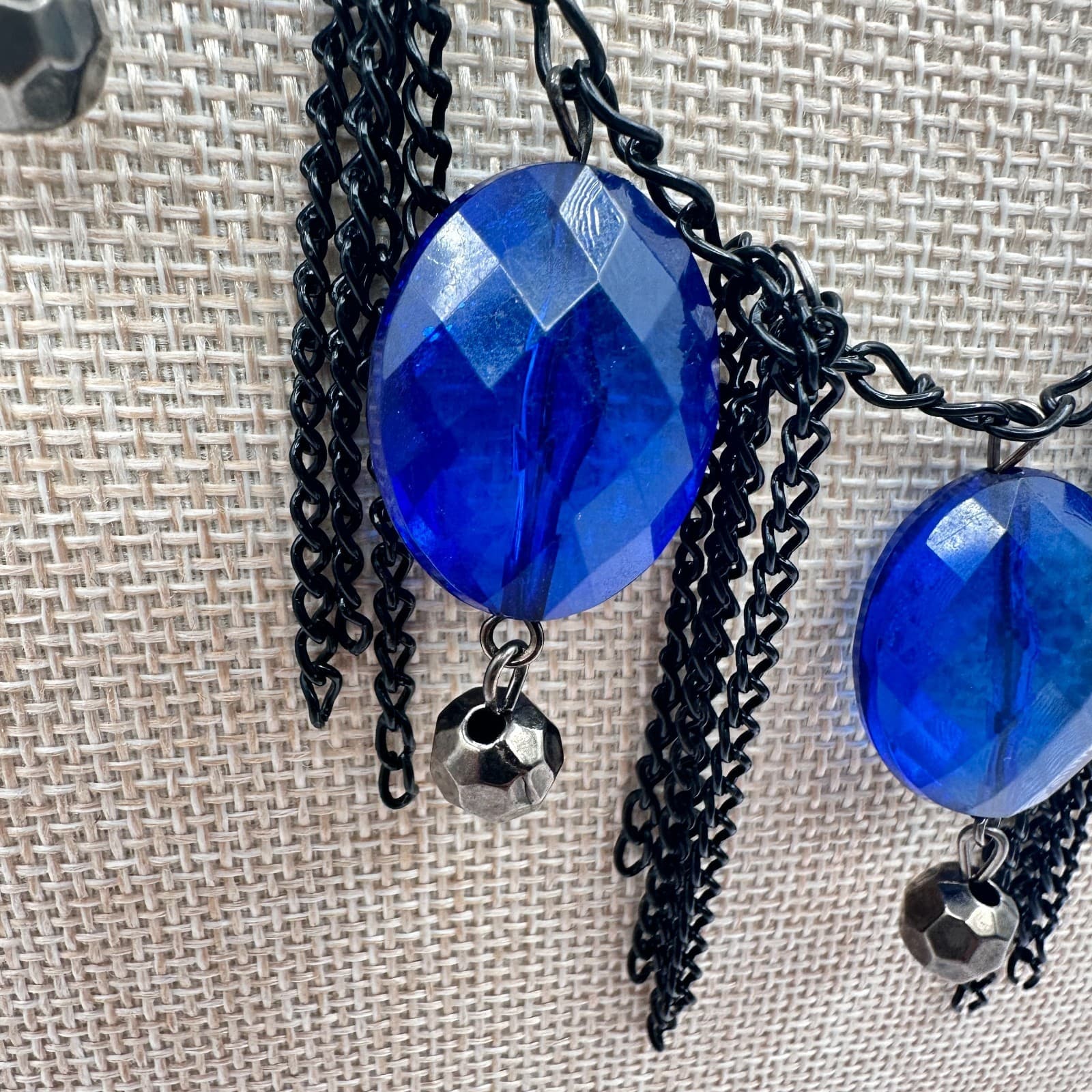 Vintage 90s Cobalt Blue Glass Statement Necklace Black Chain Fringe Boho Jewelry - Thumbnail 5