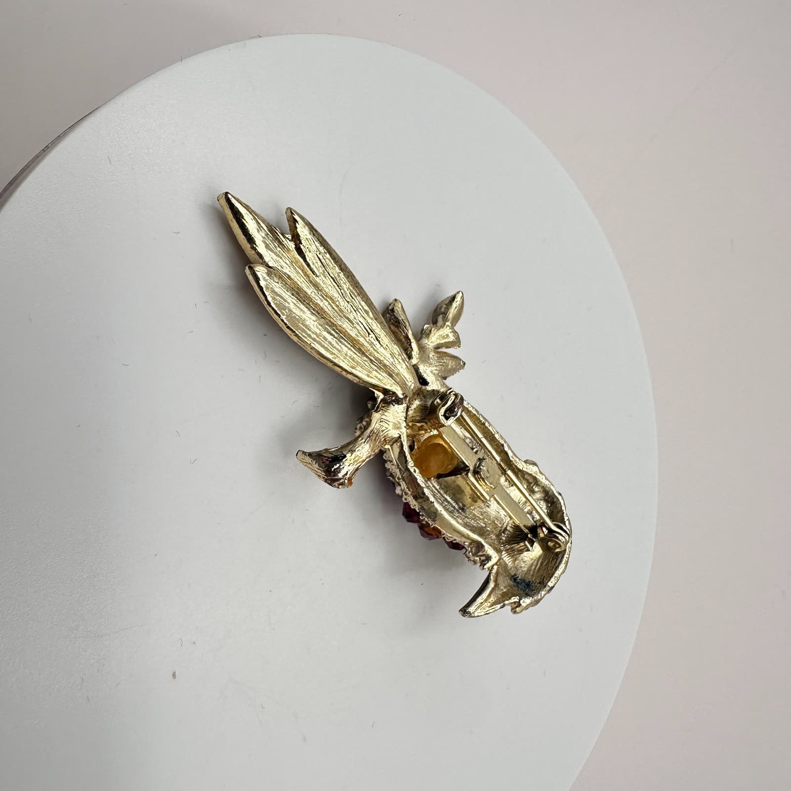 Vintage 90s Gold Tone Woodpecker Red Rhinestone Green Eye Brooch Pin Jewelry - Thumbnail 6