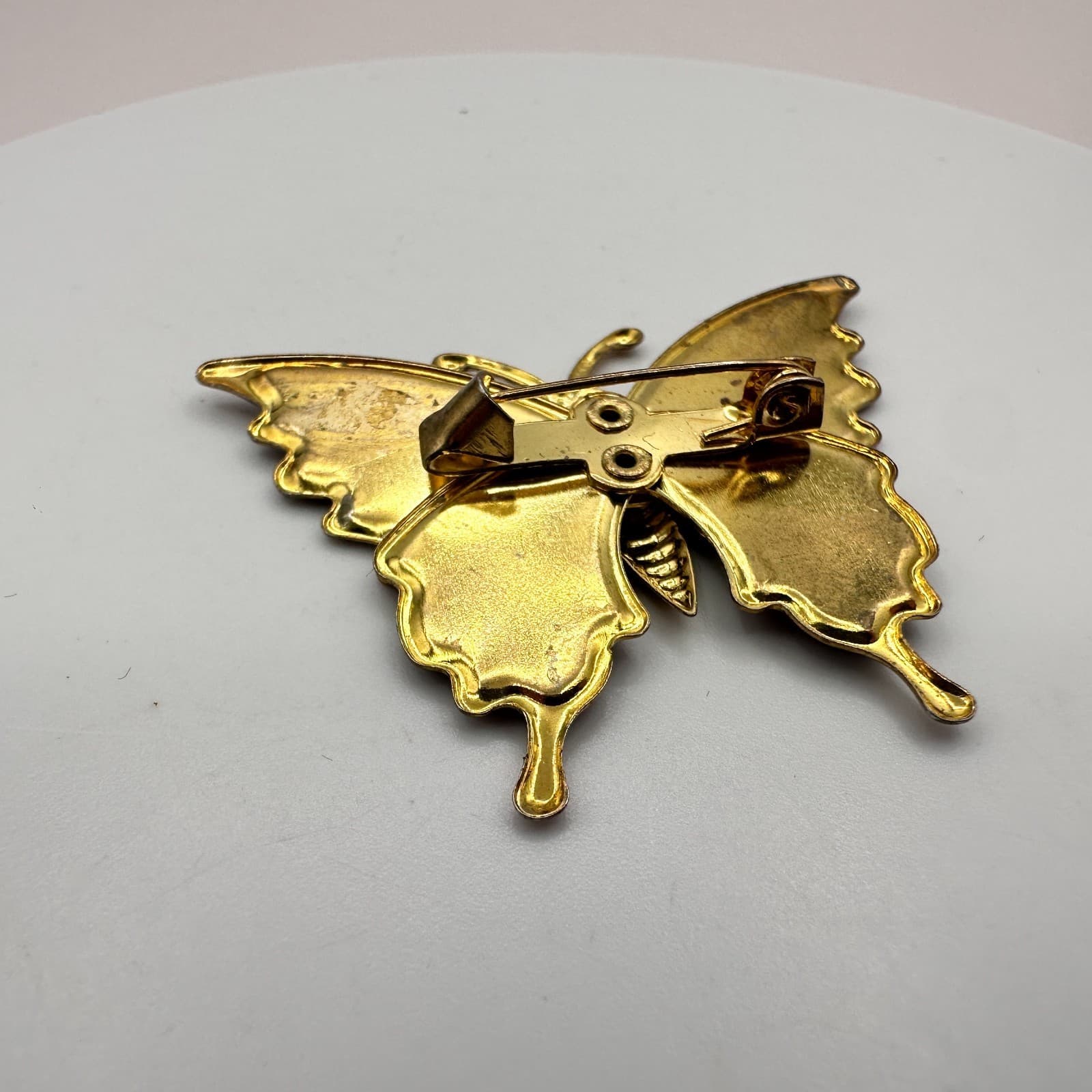 Vintage 80s 90s Red Enamel Glitter Butterfly Brooch Gold Tone Animal Nature Pins - Thumbnail 4