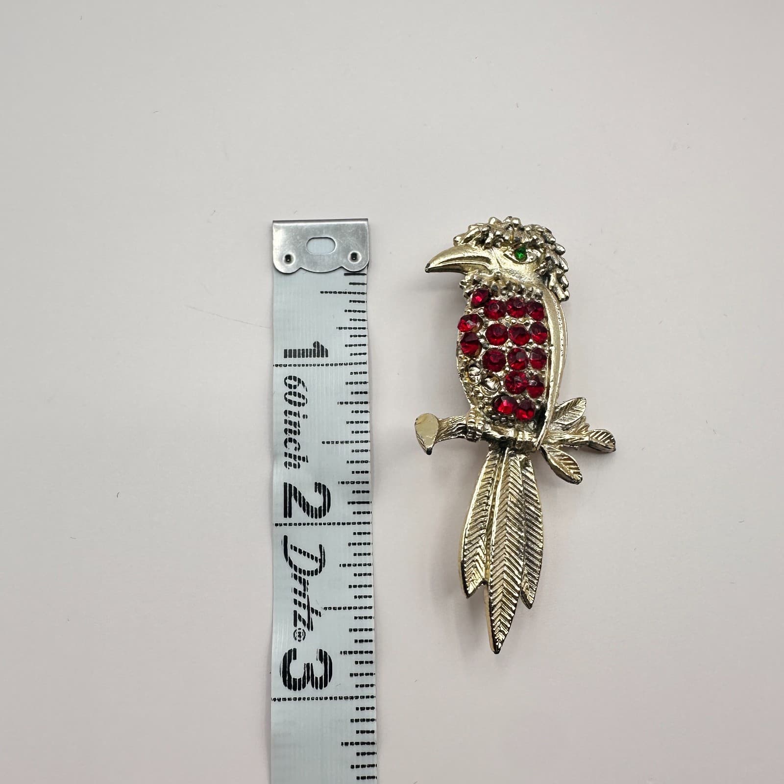 Vintage 90s Gold Tone Woodpecker Red Rhinestone Green Eye Brooch Pin Jewelry - Thumbnail 7