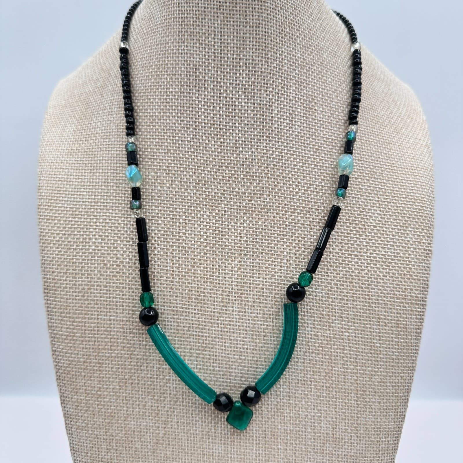 Vintage 80s Glass Bead Necklace Deco Style Geometric Statement Fashion Jewelry - Thumbnail 2