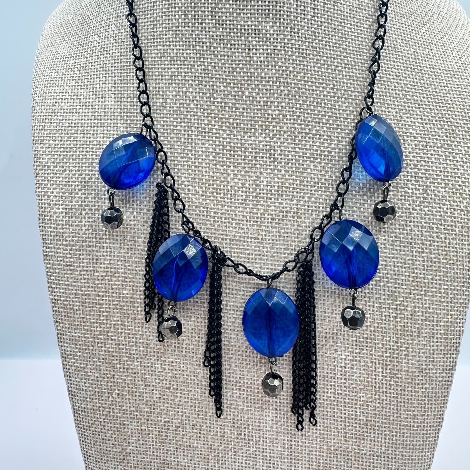 Vintage 90s Cobalt Blue Glass Statement Necklace Black Chain Fringe Boho Jewelry - Thumbnail 6
