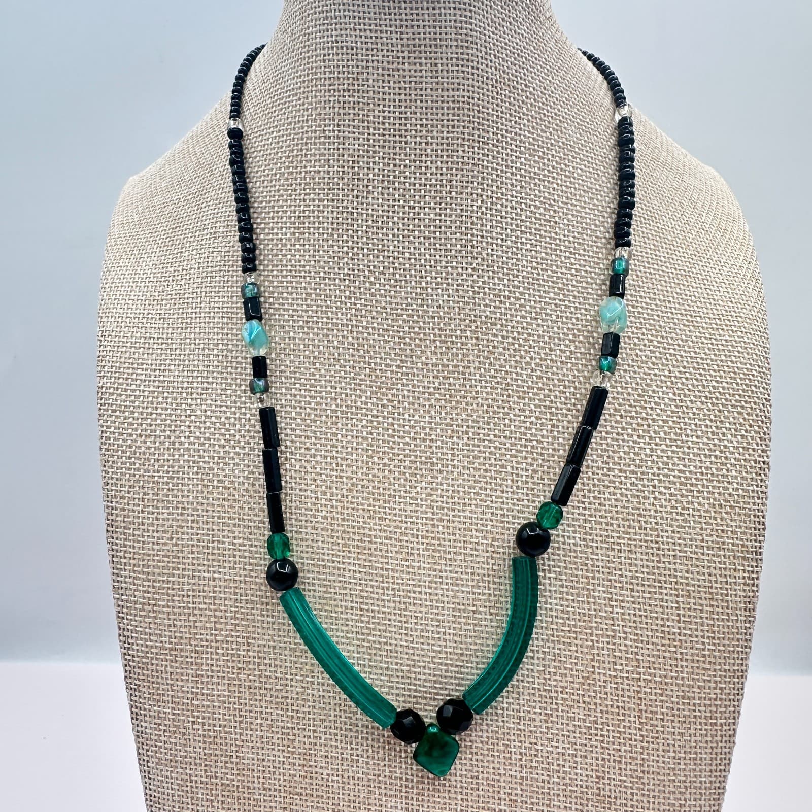 Vintage 80s Glass Bead Necklace Deco Style Geometric Statement Fashion Jewelry - Thumbnail 8