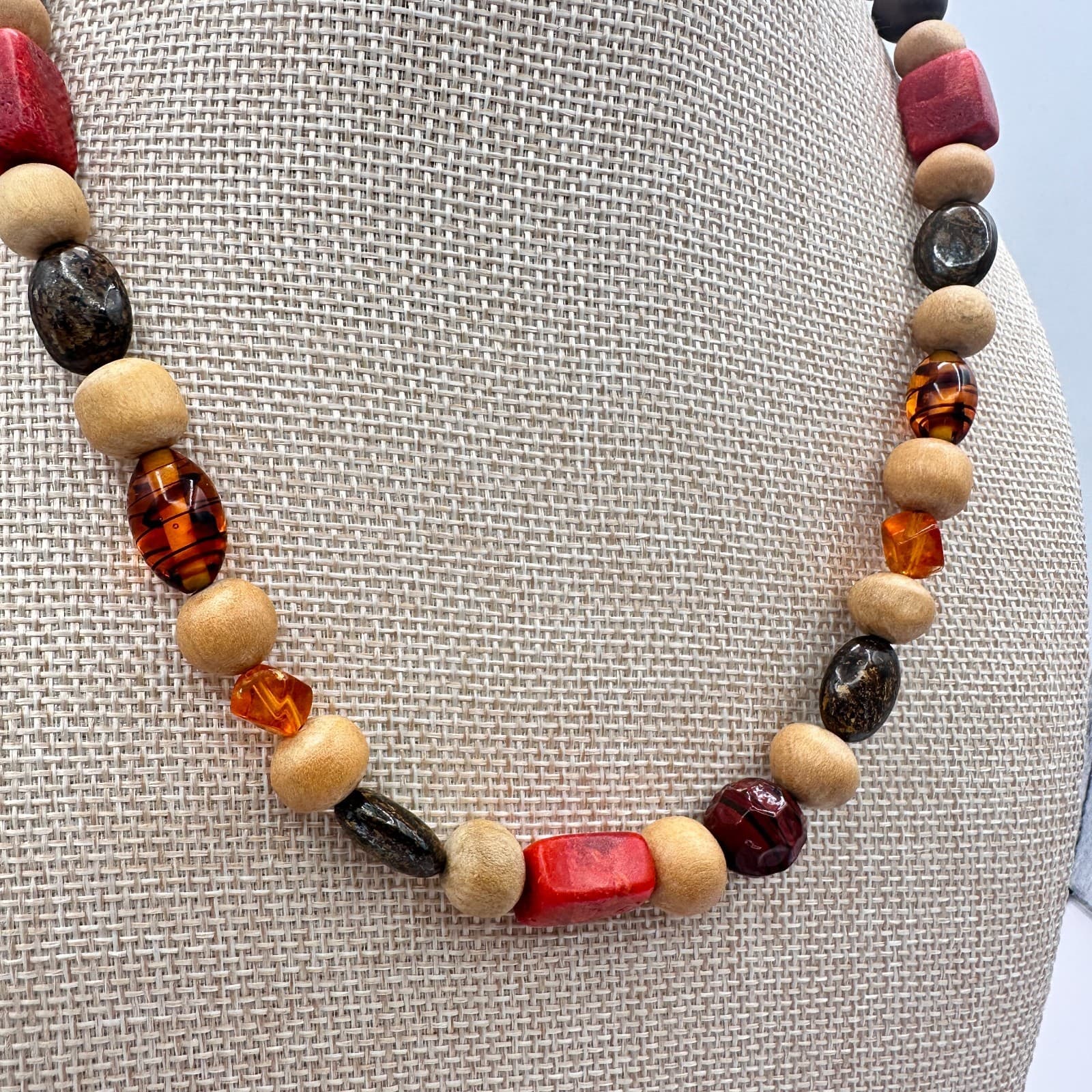 Vintage Y2K Eclectic Earthy Necklace Jasper Wood Amber Natural Beaded Jewelry - Thumbnail 4