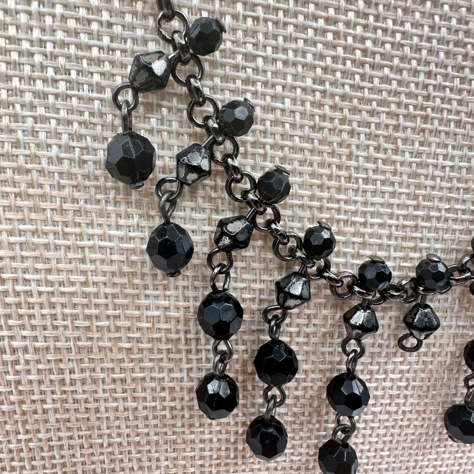 Vintage 90s Black Face Glass Bead Bib Statement Necklace Gunmetal Toned Jewelry - Thumbnail 3
